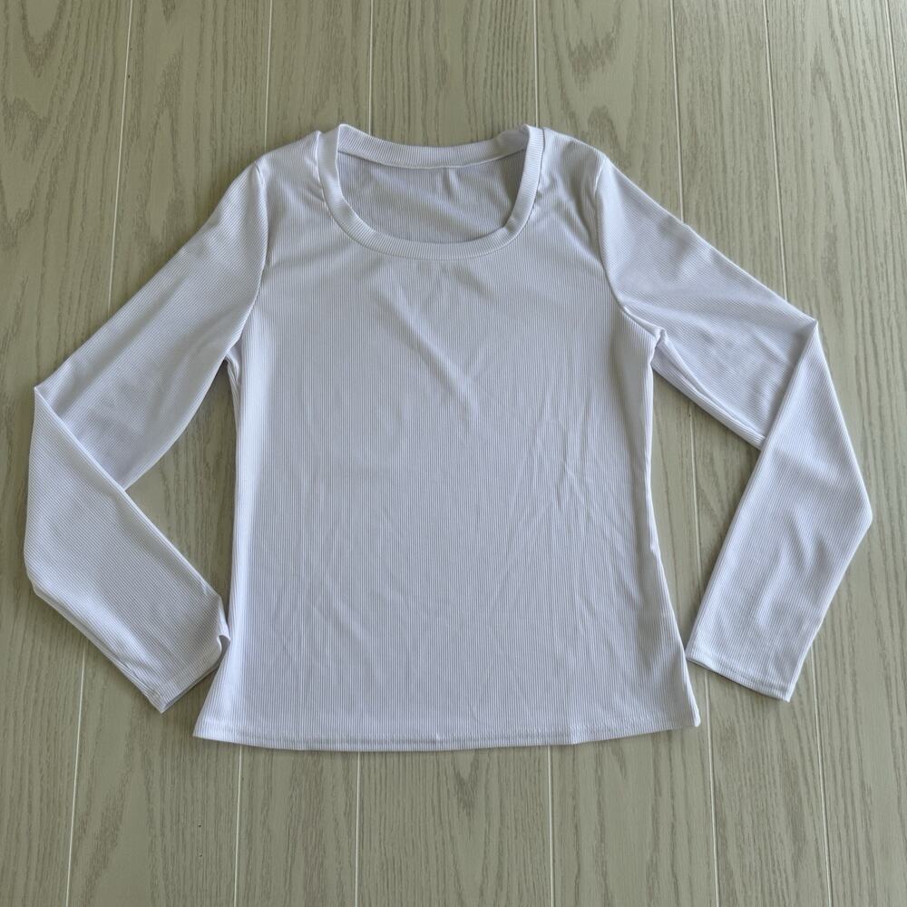 Women’s Ribbed Scoop Neck Long Sleeve White Top Size Large Stretchy